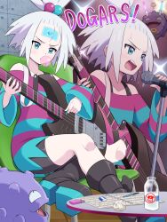 1girl absurdres bass_guitar blowing_bubble_gum blue_eyes blush boots bottle bra_strap breasts chewing_gum cubchoo dress electric_guitar eraser forehead freckles gen_1_pokemon gen_5_pokemon guitar hair_bobbles hair_ornament highres holding holding_bass_guitar holding_guitar holding_instrument instrument koffing looking_at_viewer microphone milk_bottle moomoo_milk music nintendo notebook open_mouth paper patch pencil playing_instrument pokemoa pokemon pokemon_(creature) pokemon_bw2 roxie_(pokemon) shirt short_hair sitting smile solo striped_clothes striped_dress sweat teeth topknot white_hair