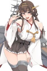 1girl adapted_turret ahoge artillery bare_shoulders blush boots breasts brown_hair cannon detached_sleeves double_bun hair_bun hairband hakama hakama_short_skirt hakama_skirt headgear highres japanese_clothes kantai_collection kongou_(kancolle) kongou_kai_ni_(kancolle) large_breasts long_hair looking_at_viewer machinery medium_breasts nontraditional_miko open_mouth purple_eyes ribbon-trimmed_sleeves ribbon_trim rigging ship_turret skirt smile smokestack solo thigh_boots thighhighs white_background zekkyon