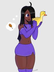1girl bird black_hair black_skin colored_skin duck gloves miniskirt nana_(umjulioai) original purple_eyes skirt thick_thighs thighs umjulioai wide_hips witch