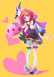 black_footwear black_skirt black_trim bloomers blush bow bowtie braid braided_bangs cape creatures_(company) finger_to_cheek game_freak gen_5_pokemon gold_trim green_eyes hairband head_tilt heart high_heels hosokawa_gracia huan_li japanese_clothes medium_hair multicolored_clothes munna nintendo obi pleated_skirt pokemon pokemon_conquest pursed_lips red_eyes red_hair ribbon_trim sash sengoku_musou shiny_clothes shiny_skin skirt thighhighs underwear white_thighhighs yellow_background