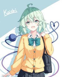 1girl absurdres ahoge alternate_costume bag bow bowtie cardigan character_name collared_shirt commentary_request eyeball green_bow green_bowtie green_eyes green_hair heart heart_of_string highres komeiji_koishi long_hair long_sleeves looking_at_viewer no_headwear open_mouth pioartstuff school_bag school_uniform shadow shirt shoulder_bag smile solo third_eye touhou white_shirt yellow_cardigan