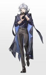 1boy adjusting_clothes adjusting_gloves antenna_hair black_choker black_coat black_gloves black_pants black_shirt black_shoes blue_eyes choker coat coat_on_shoulders collared_shirt earclip full_body gloves half_gloves hashtag-only_commentary highres honkai:_star_rail honkai_(series) male_focus miemiebei official_alternate_costume pants parted_bangs parted_lips pectoral_cleavage pectorals phainon_(fashion)_(honkai:_star_rail) phainon_(honkai:_star_rail) ponytail shirt shoes short_hair simple_background solo white_background white_hair
