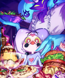 2boys absurdres asmodeus_(helluva_boss) blush demon_boy fizzarolli_(helluva_boss) food green_eyes helluva_boss highres hungry looking_at_another looking_down multiple_boys pudding saliva smile sugino_kahun