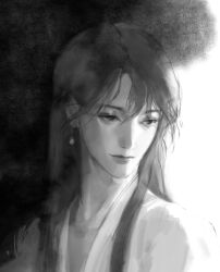 1boy absurdres bishounen chinese_clothes closed_mouth earrings greyscale hanfu highres jewelry long_hair looking_ahead male_focus monochrome qiang_jin_jiu shen_zechuan single_earring smile solo upper_body xybother