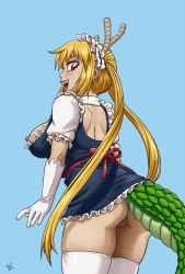 1girl ass blonde_hair blue_background blush breasts breasts_out cleft_of_venus dragon_girl dragon_horns dragon_tail female_focus from_behind highres horns kobayashi-san_chi_no_maidragon large_breasts long_hair looking_back maid maid_headdress nipples no_bra no_panties open_mouth pussy ragathol red_eyes sharp_teeth shoulder_blades simple_background smile solo standing tail teeth thighhighs tohru_(maidragon) twintails white_thighhighs