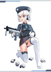 Rule 34 | 1girl, absurdres, ahoge, blue hair, blue hat, blue necktie, blue skirt, boots, borrowed character, breasts, chikuwa fan973, commission, full body, gloves, gun, hat, headset, high heel boots, high heels, highres, holding, holding gun, holding weapon, medium breasts, multicolored hair, necktie, on one knee, open mouth, original, skirt, smile, solo, streaked hair, teeth, thigh boots, thong, upper teeth only, weapon, white boots, white gloves, white hair