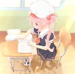 Rule 34 | 1girl, 22m, black shirt, black skirt, black socks, blush, book, chair, classroom, clenched hand, desk, embarrassed, female focus, flat chest, from above, full body, hair bobbles, hair ornament, harusame (kancolle), hat, highres, indoors, kantai collection, legs together, long hair, miniskirt, neckerchief, nose blush, open book, open mouth, peeing, peeing self, pink hair, pleated skirt, puddle, red eyes, red neckerchief, red shoes, sailor collar, school desk, shirt, shoes, short sleeves, side ponytail, sideways mouth, sitting, skirt, socks, solo, steam, wet, wet clothes, white hat, white sailor collar, window