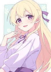 Rule 34 | 1girl, bang dream!, blonde hair, blush, border, breasts, collared shirt, commentary request, e20, green background, hand up, highres, long hair, long sleeves, medium breasts, neck ribbon, puffy long sleeves, puffy sleeves, purple eyes, purple ribbon, purple skirt, ribbon, shirasagi chisato, shirt, skirt, solo, very long hair, white border, white shirt