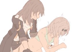1futa 1girl aqua_bra artist_name bare_shoulders black_coat black_gloves black_hairband black_skirt blush bra breasts closed_mouth coat collarbone commentary cowboy_shot english_commentary fingerless_gloves firefly_(honkai:_star_rail) futa_with_female futanari gloves gold_ring grey_hair hair_over_eyes hairband honkai:_star_rail honkai_(series) implied_futanari korshokor long_hair long_sleeves miniskirt no_eyes open_clothes open_coat open_mouth sex shirt simple_background single_glove skirt small_breasts standing standing_sex stelle_(honkai:_star_rail) sweat t-shirt trailblazer_(honkai:_star_rail) trembling two-sided_coat two-sided_fabric underwear white_background white_shirt yellow_coat