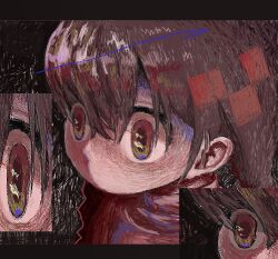 1girl abstract_background absurdres arrow_(symbol) black_background black_border border brown_hair brown_shirt eye_reflection green_eyes hair_between_eyes highres inset madotsuki multiple_views no_mouth reflection shaded_face shirt swept_bangs unusually_open_eyes upper_body vap_(domain) wide-eyed yume_nikki