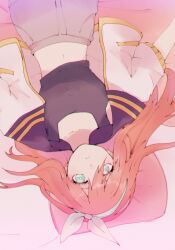 1girl aqua_eyes aqua_hairband aubrey_(faraway)_(omori) aubrey_(omori) black_sailor_collar black_tank_top bright_pupils closed_mouth cushion denim denim_skirt hair_between_eyes hairband highres jacket long_hair lying navel nekonabe omori open_clothes open_jacket pillow pink_hair pink_pillow sailor_collar skirt solo tank_top upside-down white_jacket white_pupils