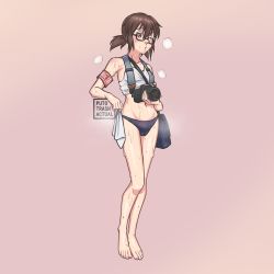 1girl armband artist_name black_footwear brown_hair camera girls_und_panzer groin hair_between_eyes highres jumpsuit jumpsuit_around_waist navel one_eye_closed ou_taiga panties pink_background purple_eyes purple_panties puto_trash cleaning_rag semi-rimless_eyewear solo steaming_body sweat tank_top under-rim_eyewear underwear underwear_only white_tank_top