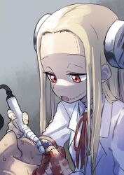 1boy 1girl blood franken_fran gazacy_(dai) highres looking_down madaraki_fran red_eyes stitches