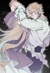 1boy 1girl arm_up artist_name aventurine_(honkai:_star_rail) black_pants blonde_hair blue_eyes brother_and_sister dancing dress earrings frilled_shirt frilled_sleeves frills grin hair_between_eyes hand_up hashtag-only_commentary high-waist_pants highres holding_hands honkai:_star_rail honkai_(series) jacket jewelry kakavasha&#039;s_sister_(honkai:_star_rail) light_particles long_hair long_sleeves looking_at_another looking_down multicolored_eyes neck_tattoo pants parted_bangs parted_lips purple_eyes purple_jacket rongyuan_gulu shirt short_hair siblings smile standing tattoo twitter_username very_long_hair white_dress white_shirt
