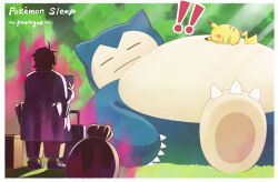 ! !! 1boy border claws closed_eyes closed_mouth coat commentary_request copyright_name crate day fangs fangs_out gen_1_pokemon grass holding k-n long_sleeves male_focus nintendo outdoors pants pikachu pokemon pokemon_(creature) pokemon_sleep professor_neroli shoes short_hair snorlax standing white_border