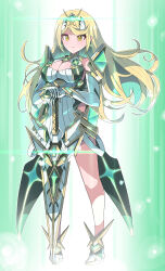 1girl absurdres bare_legs bare_shoulders blonde_hair breasts chest_jewel cleavage cleavage_cutout clothing_cutout dress earrings elbow_gloves fukkatsu_saisei_kaijin full_body gloves highres jewelry large_breasts long_hair mythra_(xenoblade) short_dress solo swept_bangs sword tiara very_long_hair weapon white_dress white_gloves xenoblade_chronicles_(series) xenoblade_chronicles_2 yellow_eyes