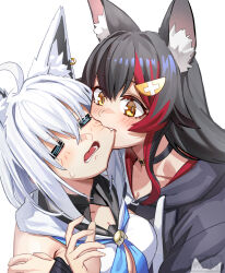 2girls =_= ahoge animal_ear_piercing animal_ears aqua_eyes biting biting_cheek black_choker black_hair black_hoodie blue_neckerchief breasts choker cleavage commentary crossed_bangs double-parted_bangs english_commentary fang flipped_hair fox_ears fox_girl hair_between_eyes hair_ornament hairclip hand_up highres hololive hood hooded_vest hoodie long_hair low_ponytail medium_breasts multicolored_hair multiple_girls neckerchief official_alternate_costume ookami_mio ookami_mio_(casual) open_mouth ponytail red_hair shirakami_fubuki shirakami_fubuki_(1st_costume) sidelocks simple_background sleeves_past_wrists streaked_hair two-tone_hoodie vest virtual_youtuber wavy_mouth white_background white_hair white_hoodie wolf_ears wolf_girl wszkii yellow_eyes yuri