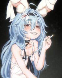Rule 34 | 1girl, ahoge, animal ears, bandaged neck, bandages, black background, black hairband, black ribbon, blood, blue hair, blush, cigarette, commentary, crossed bandaids, dress, eyelashes, grin, hair between eyes, hairband, highres, holding, holding cigarette, indie virtual youtuber, long hair, looking at viewer, massimo, para (vtuber), rabbit ears, rabbit girl, red eyes, ribbon, sharp teeth, simple background, sleeveless, sleeveless dress, smile, smoke, smoking, solo, symbol-only commentary, teeth, upper body, very long hair, virtual youtuber, white dress