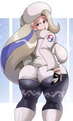 Rule 34 | 1girl, absurdres, ass, blonde hair, blue eyes, blue pantyhose, breasts, dynamax band, earrings, from behind, fur collar, fur hat, gloves, half-closed eyes, hat, highres, huge ass, jewelry, kneepits, large breasts, long hair, long sleeves, looking back, mature female, melony (pokemon), multicolored hair, nintendo, pantyhose, pantyhose under shorts, pearl earrings, plump, pokemon, pokemon swsh, shorts, side slit, side slit shorts, single glove, solo, sonson-sensei, streaked hair, sweater, thick thighs, thighs, ushanka, very long hair, white hat, white shorts, white sweater, wide hips