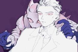 1boy 1other animal_ears behind_another black_hair black_streaks bright_pupils cat_ears claws colored_eyelashes colored_skin diamond_wa_kudakenai gloves jojo_no_kimyou_na_bouken kawajiri_kosaku killer_queen kira_yoshikage multicolored_hair partially_colored partially_fingerless_gloves pink_eyes pink_skin purple_background simple_background slit_pupils stand_(jojo) upper_body user_xjny2857 white_hair white_pupils