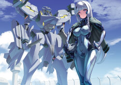 1girl armored_bodysuit blue_bodysuit bodysuit braid breasts combat_knife commentary_request covered_navel f-14an_mindseeker fence fortified_suit hand_on_own_hip headgear helmet highres holding holding_knife impossible_bodysuit impossible_clothes jacket jacket_on_shoulders knife kurione_(zassou) large_breasts long_hair looking_at_viewer mecha mecha_pilot_suit muv-luv muv-luv_alternative original purple_eyes robot single_braid skin_tight tactical_surface_fighter united_nations unworn_headwear unworn_helmet very_long_hair weapon white_hair