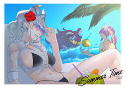 1boy 1girl 1other abominable_unchained_soul adjusting_eyewear bikini black_bikini breasts cleavage coconut commentary_request demon_girl demon_horns duel_monster flower grey_eyes grey_hair hair_flower hair_ornament heart heart-shaped_eyewear highres horns large_breasts looking_at_viewer lovely_labrynth_of_the_silver_castle ocean palm_tree pointy_ears quo_(haizaraq) smile swimsuit translucent tree twintails unchained_abomination white_hair white_horns yu-gi-oh!