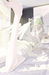 1girl angel_wings blonde_hair blue_archive dress feathered_wings from_behind halo highres la_la_la_rarmin low_wings lying nagisa_(blue_archive) on_stomach pantyhose pink_halo solo white_dress white_wings wings