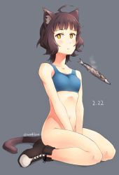 1girl ahoge animal_ears between_thighs blue_bra blunt_bangs boots bra brown_hair cat_ears cat_tail female_focus fish grey_background kantai_collection kemonomimi_mode kishinami_(kancolle) lace-up_boots looking_at_viewer no_panties sakura_(medilore) saury short_hair simple_background sitting solo sports_bra tail twitter_username underwear wariza wavy_hair yellow_eyes