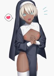 1boy absurdres blonde_hair blue_eyes commentary_request crossdressing dark-skinned_male dark_skin heart highres male_focus nipples nun omiyacha open_mouth original own_hands_clasped own_hands_together pelvic_curtain solo spoken_heart testicle_peek thighhighs trap white_background