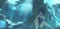 1girl absurdres black_hair breasts bruise choker feet_out_of_frame hiding highres injury jellyfish jewelry large_breasts necklace one-piece_swimsuit original ring ring_necklace rou_(rou22) shark short_hair solo swimsuit underwater