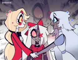 3girls angel anger_vein black_bow black_bowtie blonde_hair blue_eyes blue_sclera blush_stickers bow bowtie charlie_morningstar colored_sclera colored_skin demon_girl emily_(hazbin_hotel) formal_clothes freckles grey_hair grey_skin hair_over_one_eye hazbin_hotel highres jacket jealous ka_ji long_hair multiple_girls pale_skin pink_sclera red_eyes red_suit smile sparkle suit vaggie very_long_hair yellow_eyes yellow_sclera