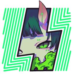 1girl blunt_bangs border close-up eye_focus female_focus green_eyes green_hair highres horns japanese_mythology kuroron_(kuro_ron) lightning_bolt-shaped_pupils lightning_bolt_symbol looking_at_viewer outside_border raijin_(mythology) sidelocks skin-covered_horns smoke solo symbol-shaped_pupils white_border