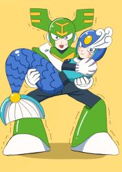 1boy 1girl armor blue_armor blue_eyes blue_helmet carrying full_body green_armor green_eyes green_helmet helmet highres kintama0210 looking_at_viewer mega_man_(classic) mega_man_(series) mega_man_9 mermaid monster_girl princess_carry simple_background splash_woman tornado_man yellow_background
