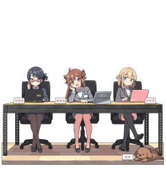 Rule 34 | 3girls, :d, adjusting eyewear, black hair, black jacket, black shoes, black skirt, blonde hair, blue eyes, brown eyes, brown hair, brown pantyhose, chair, closed mouth, collared shirt, computer, crossed legs, dog, double bun, dress shirt, formal clothes, grey jacket, grey skirt, grey thighhighs, hair bun, hand up, hatsunatsu, jacket, laptop, long hair, multiple girls, office chair, on chair, open mouth, original, pantyhose, red eyes, shirt, shoes, simple background, sitting, skirt, skirt suit, smile, suit, swivel chair, table, thighhighs, translation request, two side up, white background, white shirt, wooden floor