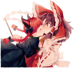 2girls ahoge animal_ears ascot blush bow braid brown_hair cat_ears closed_eyes commentary detached_sleeves extra_ears frills gohei hair_bow hair_tubes hakurei_reimu kaenbyou_rin kiri_futoshi kiss long_hair multiple_girls multiple_tails pointy_ears red_eyes red_hair ribbon-trimmed_sleeves ribbon_trim simple_background surprise_kiss surprised tail touhou twin_braids white_background wide-eyed yuri