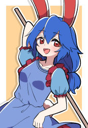 1girl animal_ears blue_dress blue_hair dress highres kine long_hair mallet moon_rabbit open_mouth rabbit_ears rain_leyley red_eyes seiran_(touhou) smile solo touhou
