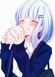 1girl absurdres amane_1906 bag steamed_bun blunt_bangs blush closed_eyes collared_shirt commentary_request earrings eating food food_on_face grey_hair hair_ornament hairclip highres holding holding_food hood hood_down hoodie hoop_earrings jewelry long_sleeves medium_hair open_clothes open_hoodie original school_bag shirt sleeves_past_wrists smile solo steam upper_body