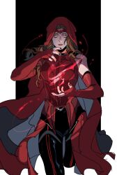 1girl artist_name black_background black_nails black_pants border breasts bridal_gauntlets brown_hair cape cowboy_shot dress fingernails green_eyes hands_up highres hood karmaho long_hair looking_at_viewer magic marvel marvel_cinematic_universe mask mask_on_head medium_breasts nail_polish outside_border pants pink_lips red_cape red_dress red_mask red_pupils scarlet_witch simple_background single_bare_shoulder sleeveless sleeveless_dress solo standing standing_on_one_leg teeth wanda_maximoff wandavision wavy_hair white_border