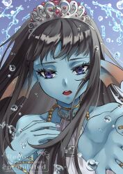 1girl 888666 absurdres black_hair blue_background blue_eyes commentary_request dragon_quest dragon_quest_x dress fins fish_girl floating_hair halter_dress halterneck hand_on_own_chest head_fins highres jewelry long_hair looking_at_viewer monster_girl necklace open_mouth pink_nails princess reaching reaching_towards_viewer seria_(dq10) silver_tiara solo tiara upper_body water_drop white_dress