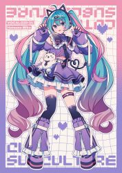 1girl ahoge amagi_hana animal_ear_headphones animal_ears black_necktie black_thighhighs blue_eyes blush border cat_ear_headphones character_name claw_pose closed_mouth collared_shirt contrast_collar fake_animal_ears fingerless_gloves frilled_shirt_collar frilled_skirt frills full_body gloves gradient_hair grid_background hair_ornament hairclip hands_up hashtag-only_commentary hatsune_miku headphones headset heart highres long_hair long_sleeves looking_at_viewer multicolored_hair nail_polish necktie outline outside_border pink_border pink_hair pink_nails purple_border purple_gloves purple_shirt purple_shoes purple_skirt shirt shoes skirt skirt_set solo standing thigh_strap thighhighs twintails two-tone_hair very_long_hair vocaloid white_background white_outline