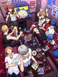 4boys 5girls amagi_yukiko black_hair black_necktie black_pants black_socks blonde_hair blue_bag blue_hat brown_hair cake cake_slice cellphone closed_eyes closed_mouth commentary crossed_legs cup drink drinking_straw elbow_gloves english_commentary english_text fingerless_gloves food fork gloves grey_skirt grin hanamura_yousuke hat highres holding holding_cup holding_drink holding_instrument holding_maracas holding_microphone instrument jack_frost_(megami_tensei) kujikawa_rise kuki_tan kuma_(persona_4) long_hair lying maracas marie_(persona_4) microphone multiple_boys multiple_girls narukami_yu necktie on_back one_eye_closed open_mouth pants persona persona_4 phone pizza pizza_slice plate poster_(object) president_tanaka satonaka_chie shirogane_naoto shirt short_hair short_sleeves sitting skirt smartphone smile socks speech_bubble spoken_food standing star_(symbol) tambourine tatsumi_kanji teeth v white_shirt white_socks