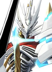 Rule 34 | bakeneko38, cape, colored skin, digimon, digimon (creature), glint, highres, jesmon, looking at viewer, red cape, simple background, spikes, sword, upper body, weapon, white background, white skin, yellow eyes