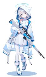 1girl absurdres adda animal_hood belt blue_belt blue_halo boots coat commentary_request dress full_body gun halo highres holding holding_gun holding_weapon hood hood_up hooded_coat long_sleeves looking_at_viewer original rifle scope simple_background sleeveless sleeveless_dress sniper_rifle solo standing weapon white_background white_boots white_coat wide_sleeves
