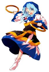 1girl alphes_(style) arm_up blue_eyes blue_hair blue_hood clenched_hands commentary_request crying dairi dress full_body hands_up holding holding_hoop hood hood_up hoop jewelry kesa kumoi_ichirin large_variant_set long_hair long_sleeves looking_at_viewer multicolored_dress necklace open_mouth parody pendant sad socks solo standing style_parody tachi-e touhou transparent_background variant_set wide_sleeves