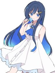 1girl arm_behind_back blue_eyes blue_flower blue_ribbon brooch buttons cevio collared_dress colored_inner_hair commentary_request cowboy_shot dress embroidery flower futaba_minato gradient_neck_ribbon hair_between_eyes hair_ornament hairclip hand_up highres holding holding_flower jewelry ksrgiing light_smile long_hair looking_at_viewer multicolored_hair ribbon simple_background single_sidelock sleeveless sleeveless_dress solo white_background white_dress