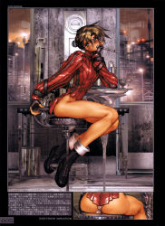 1girl absurdres ass boots brown_hair cyril_brooklyn female_focus fingerless_gloves galgrease galhound glasses gloves grey_eyes gun highres latex looking_at_viewer machine_pistol mouth_hold open_mouth panties pen shirou_masamune short_hair sitting solo submachine_gun underwear uniform uzi w_tails_cat weapon