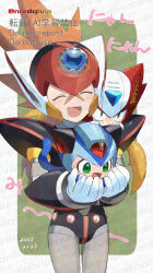 Rule 34 | 3boys, :3, animal ears, armor, axl (mega man), black armor, blonde hair, blue helmet, brown hair, cat day, cat ears, chibi, closed eyes, cross scar, forehead jewel, green eyes, helmet, highres, long hair, mega man (series), mega man x (series), multiple boys, red helmet, scar, scar on face, spiked hair, x (mega man), yamanashi taiki, zero (mega man)