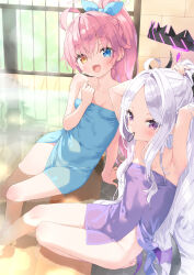 2girls :d arms_behind_head arms_up bare_arms bare_shoulders blue_archive blue_eyes blue_ribbon breasts brown_eyes closed_mouth collarbone commentary_request fang grey_hair hair_between_eyes hair_ribbon hair_tie hair_tie_in_mouth halo heterochromia highres hina_(blue_archive) horns hoshino_(blue_archive) kani_biimu looking_at_viewer low_wings mouth_hold multiple_girls naked_towel open_mouth parted_bangs pink_hair ponytail purple_eyes purple_wings ribbon small_breasts smile towel tying_hair water wings