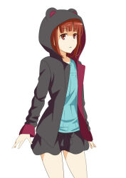 1boy animal_ears animal_hood bear_ears bear_hood black_jacket black_shorts blue_shirt brown_eyes brown_hair commentary cowboy_shot expressionless fake_animal_ears hood hood_up hooded_jacket jack-barro jacket kanou_shinka long_sleeves male_focus medium_hair open_clothes open_jacket parted_lips shirt short_shorts shorts simple_background solo standing toaru_majutsu_no_index toaru_majutsu_no_index:_new_testament trap white_background