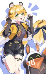 1girl absurdres animal_ears bangboo_(zenless_zone_zero) blonde_hair colored_inner_hair eous_(zenless_zone_zero) green_eyes highres jacket ju_fufu long_hair looking_at_viewer multicolored_hair open_mouth reim1k shirt smile solo tail tiger_ears tiger_girl tiger_tail upper_body zenless_zone_zero